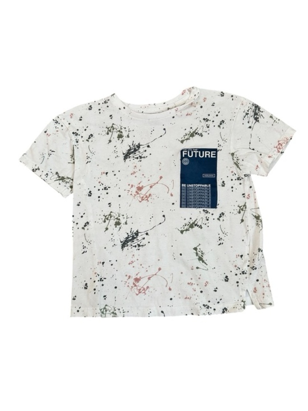 Primark White Short Sleeve Tee with Navy 'FUTURE' Patch and Paint Splatter